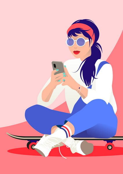 Photocircle Poster / Leinwandbild - Skater-Girl mit Sonnenbrille und Smartphone von Photocircle