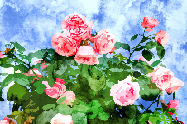 Photocircle Poster / Leinwandbild - Sweet Rose Garden, Nature Botanical Watercolor Painting, Summer Floral Plants Meadow von Photocircle
