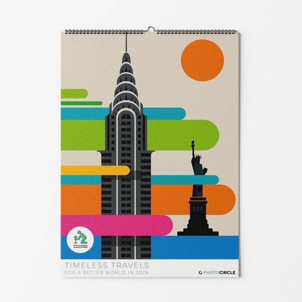 Photocircle Timeless Travels Wandkalender 2026 mit Vintage Reiseillustrationen von Bo Lundberg von Photocircle