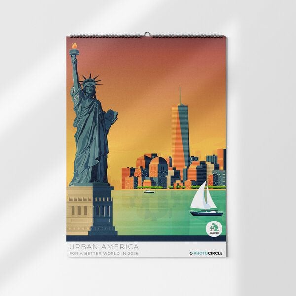 Photocircle Urban America Wandkalender 2026 – Vintage Illustrationen der größten US Metropolen von Photocircle