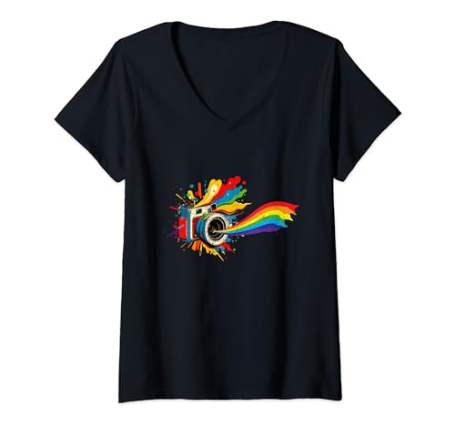 Damen Fotografie Kunst Kamera Regenbogen Fotograf Bunt Künstler T-Shirt mit V-Ausschnitt von Photography Art Camera Rainbow Photographer
