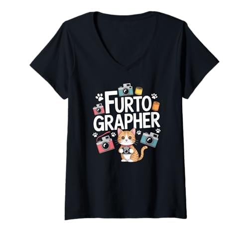 Damen Furtographer Niedliche Katzenkamera, lustiges Design T-Shirt mit V-Ausschnitt Damen Furtographer Niedliche Katzenkamera, lustiges Design T-Shirt mit V-Ausschnitt von Photography Cat Humor Whimsical Paw Prints