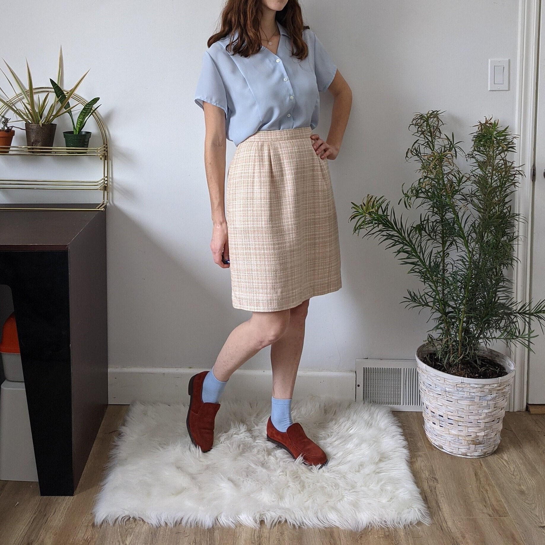 Rosa & Weiß Karierter Tweed Knielanger Rock Vintage von Phrodyte