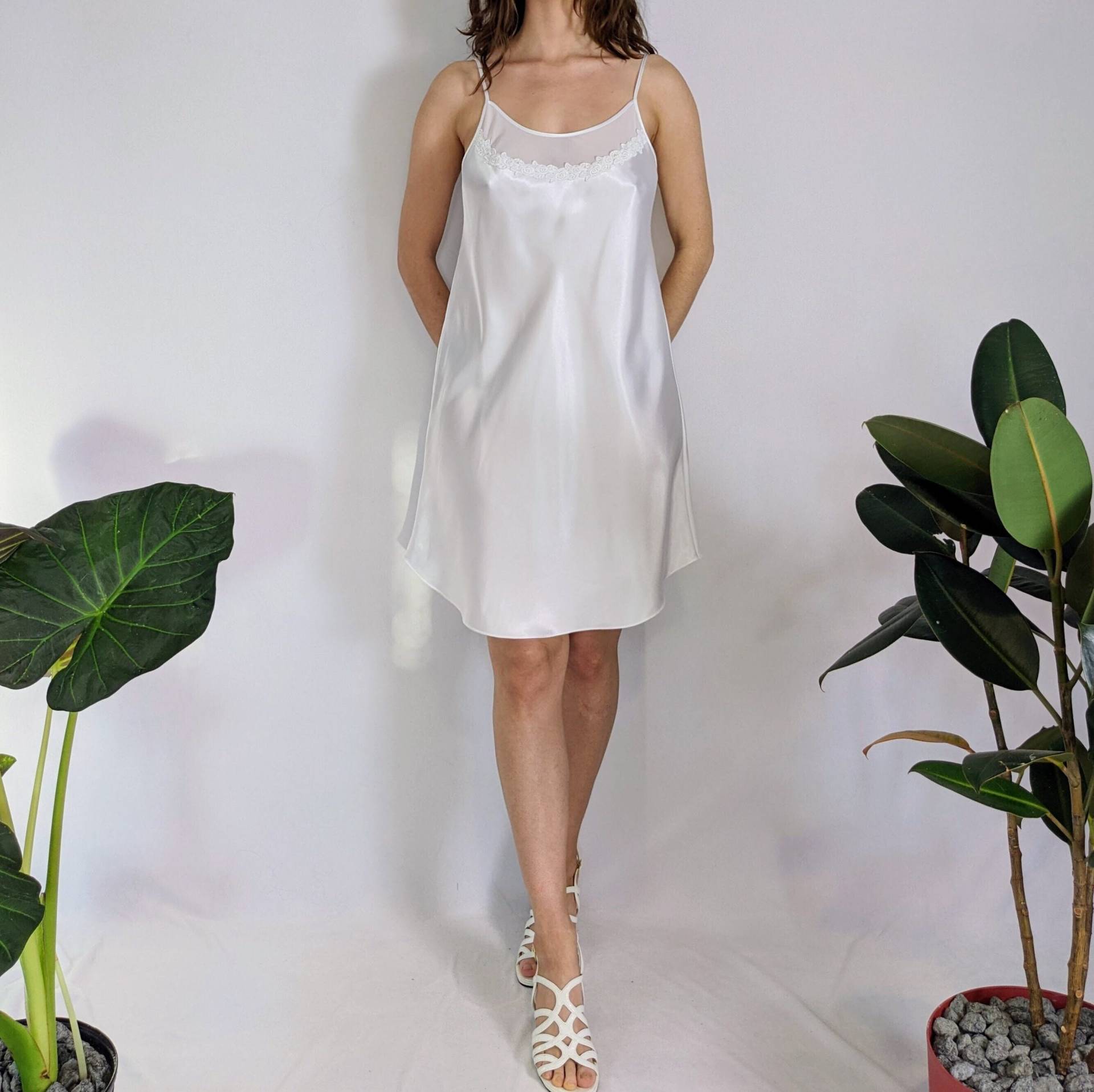 Vintage Weißes Satin & Mesh Slip Kleid 1990Er Jahre Jessica Intimes von Phrodyte