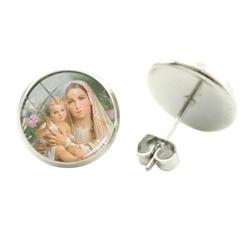 Ohrstecker Jungfrau Maria und Jesus Kind Engel Glas Cabochon Malerei Kuppel rhodiniert Ohr Geschenk, 25 mm, Leder von PhunkZ