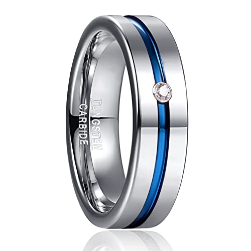 Phyoino Silber Wolfram Ringe mit Blau Groove und Zirkon Inlay 6mm Herren/Damen Polished Ring Größe 65(20,7) von Phyonio