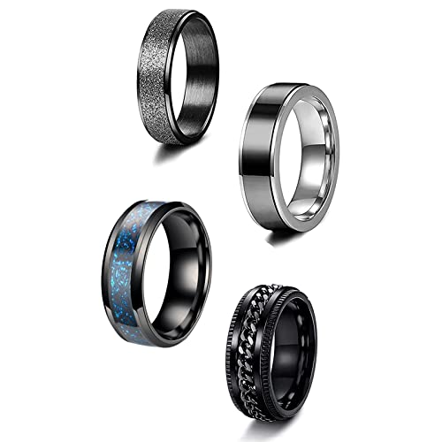 Phyonio 4 Stück Ring Edelstahl Schwarz Blau Keltischer Ring Sandgestrahlter Ring Kette Ring Drehbarer Ring Spinner Ring Stimmung Ring Angst Relief Ring Größe 54(17.2) von Phyonio