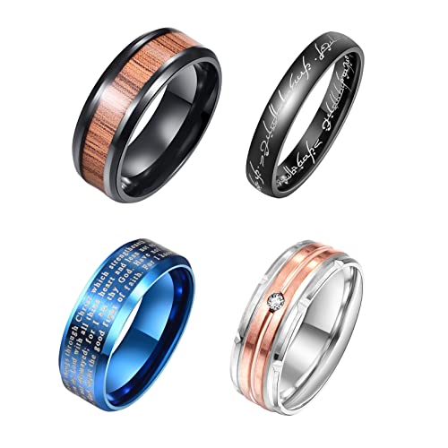 Phyonio 4 Stück Ring aus Edelstahl Damen Zweifarbiger Ringe mit Zirkon Schwarz Herr der Ringe Ring Blau Kreuz Ring Herren Ring mit Holzmaserung Größe 54(17,2) von Phyonio