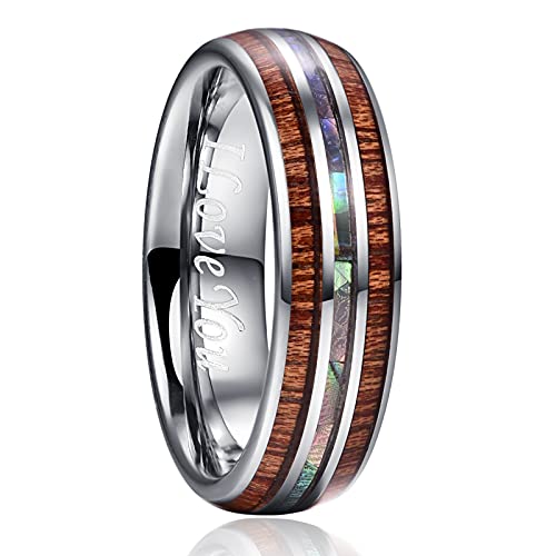 Phyonio Abalone Muschel Ringe Herren Silber Gravur I Love You Wolfram Ringe mit Hawaiian Koa Holz Inlay 6mm Gewölbt Poliert Ringe fur Manner Frauen Größe 58(18,5) von Phyonio