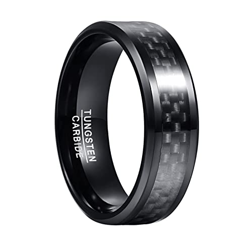 Phyonio Schwarz Wolfram Ringe Herren/Damen 8mm Kohlefaser Ringe mit AbgeschräGter Kante Größe 60(19,1) von Phyonio