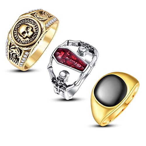 Phyonio 3 Stück Herren Silber Gold Edelstahl Ring Set für Hip Hop Punk Rock Unisex Ring mit Strass Totenkopf Streifen Quadratischer Öltropfenring Vampir Fledermaus Totenkopf Ring Gravur Größe 57(18,1) von Phyonio