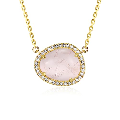 Phyonio Damen Halskette Kristall Kette KetteKristall Anhänge, Halskette für Damen 925 Sterling Silber 14K Vergoldet Kette Verstellbarer Oval Rosa Edelstein Halskette von Phyonio