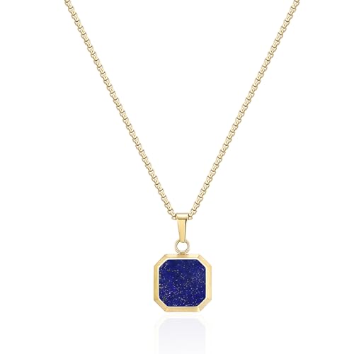 Phyonio Lapislazuli Anhänger Kette Damen Edelstahl Vergoldete Kette 585 Quadratische Anhänger Einfache Halskette Geschenk zum Valentinstag von Phyonio