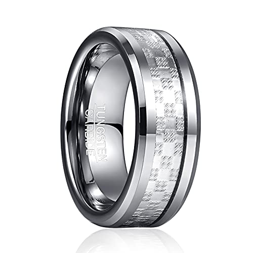 Phyonio Silber Herren Ringe mit Kohlefaser 8mm Wolfram AbgeschräGter Kante Ring Größe 62(19,7) von Phyonio