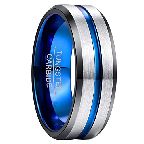 Phyonio Herren/Damen Silber Gebürstetem Ring 8mm Eheringe Trauringe Hochzeitsringe Verlobungsringe Unisex Wolfram Ring mit Blau Groove Größe 66(21,0) von Phyonio