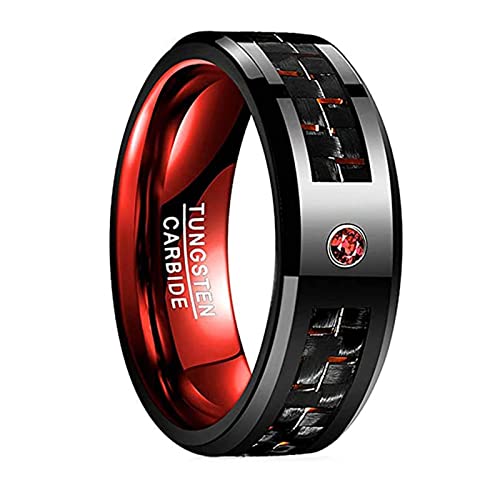 Phyonio 8mm Herren Wolfram Ring mit Rot Zirkon Inlay Herren/Damen Schwarz Kohlefaserring mit Rot Polised Inner Größe 60(19,18) von Phyonio