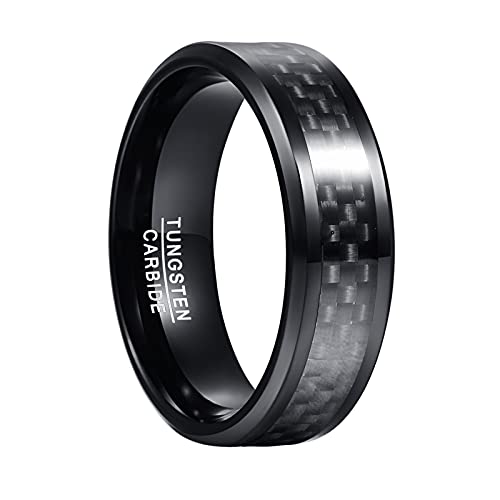 Phyonio Schwarz Herren Ringe mit Kohlefaser 8mm Wolfram AbgeschräGter Kante Ring Größe 62(19,7) von Phyonio