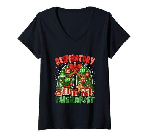 Damen Respiratory Therapist Colorful Lung Christmas Tree Medical T-Shirt mit V-Ausschnitt von Physical Therapist Christmas Costume