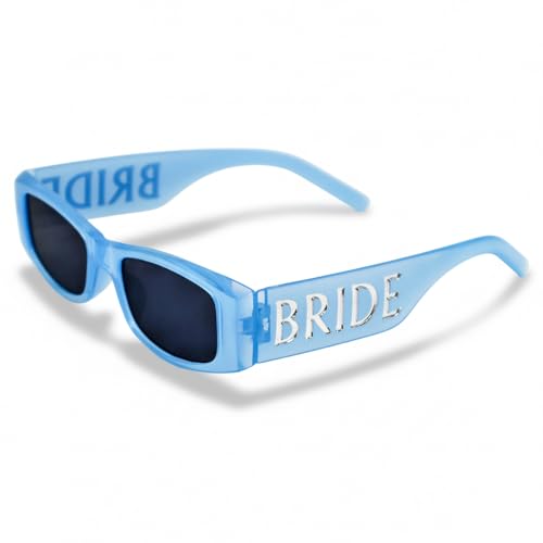 Physkoa Something Blue Bride Sonnenbrille für Junggesellinnenabschiede, Brautparty-Zubehör, Verlobungsdekorationen, Bach-Partyzubehör, Geschenk für zukünftige Braut von Physkoa