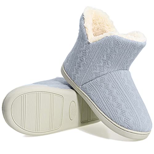 PiDaGlobal Damen Herren Hausschuhe Stricken Hüttenschuhe rutschfeste Wolle Hausstiefel Hohe Pantoffeln Plüsch gefüttert Warme Hüttenstiefel Winter Drinnen Draußen 44/45EU Hellblau von PiDaGlobal