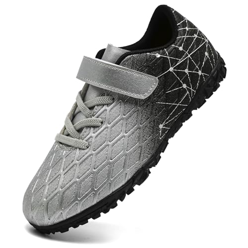 PiDaGlobal Kinder Fußballschuhe Jungen Mädchen Hallenschuhe Kunstrasen Kickschuhe Futsal Schuhe Fussballschuhe Indoor Outdoor Athletics Professionelle Trainingsschuhe 34EU Silber von PiDaGlobal