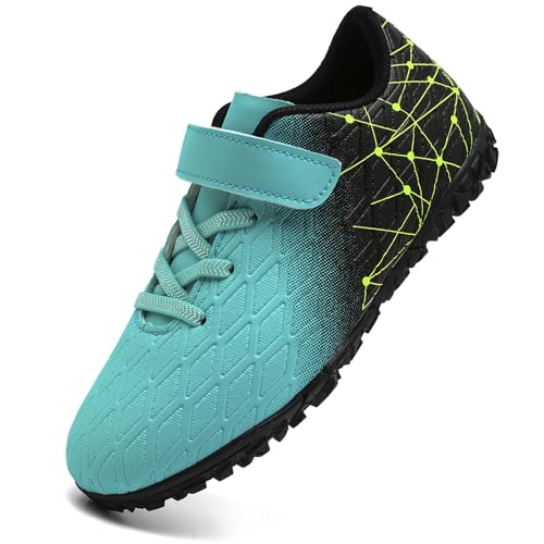 PiDaGlobal Kinder Fußballschuhe Jungen Mädchen Hallenschuhe Kunstrasen Kickschuhe Futsal Schuhe Fussballschuhe Indoor Outdoor Athletics Professionelle Trainingsschuhe 34EU Türkis von PiDaGlobal