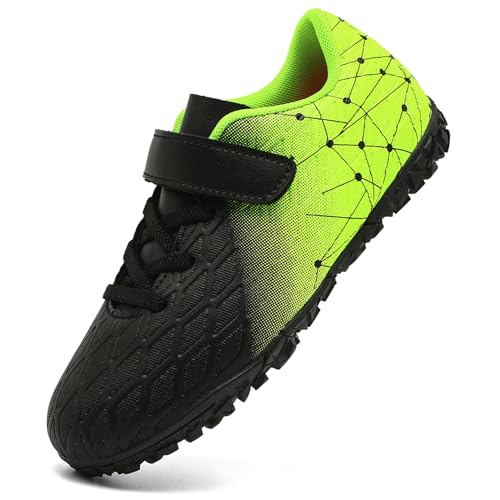 PiDaGlobal Kinder Fußballschuhe Jungen Mädchen Hallenschuhe Kunstrasen Kickschuhe Futsal Schuhe Fussballschuhe Indoor Outdoor Athletics Professionelle Trainingsschuhe 35EU Schwarz/Grün von PiDaGlobal