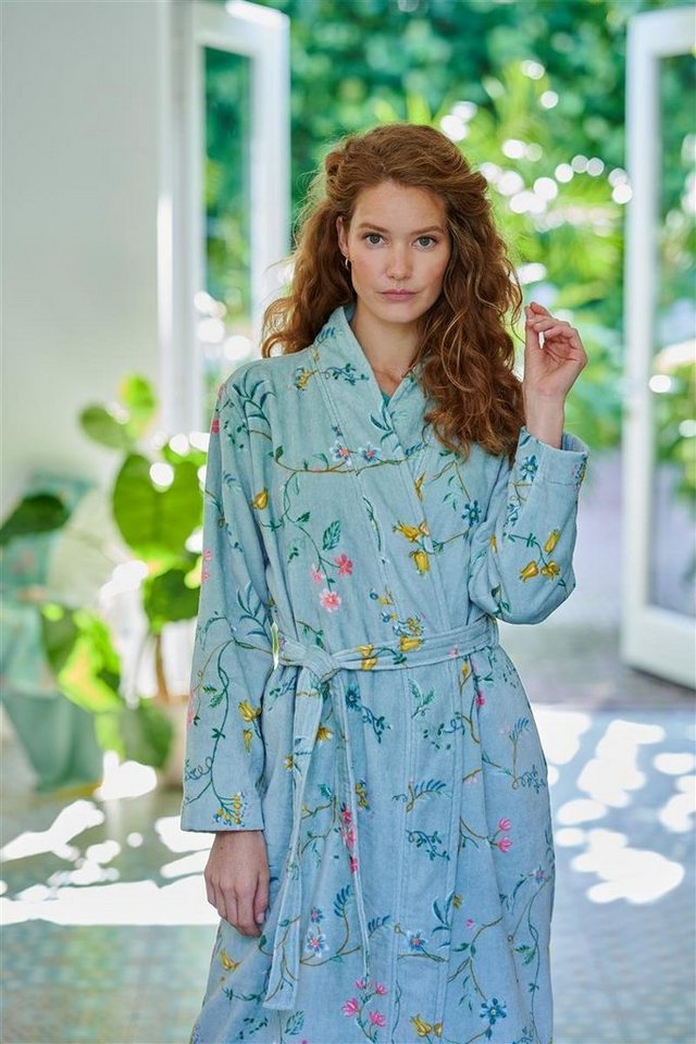 PiP Studio Bademantel Les Fleurs Bathrobe Blue S Blau 100% Cotton, terry velour, 380 GS, Bademantel Damen und Herren Morgenmantel Frottee von PiP Studio