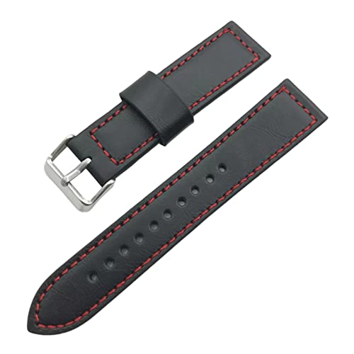 PiWine Uhrenarmbänder, Uhrenarmband, 18 mm–24 mm, Sport-Vintage-Armband aus echtem Leder mit silbriger Edelstahl-Dornschließe, Uhrenarmband-Zubehör (Color : Black And Red, Size : 24mm) von PiWine