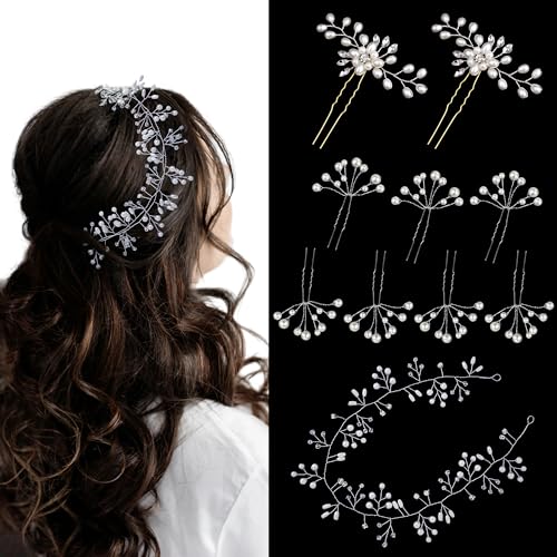 Piacolnic 10 Stück Hochzeits Haarnadeln Braut Haarschmuck, Perlen Hochzeits Haarschmuck Blätter U-förmig Haarklammer Kristall Haarspangen Brautschmuck für Damen Brautjungfern Party von Piacolnic