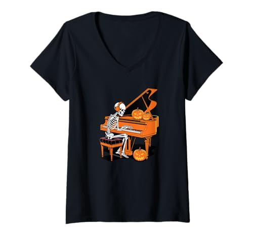 Damen Halloween Skelett Pianist Flügel T-Shirt mit V-Ausschnitt von Piano Instrument Gift For A Pianist