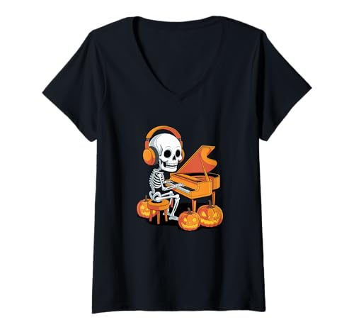 Damen Halloween Skelett Pianist Flügel T-Shirt mit V-Ausschnitt von Piano Instrument Gift For A Pianist