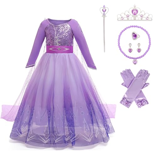 Elsa Prinzessin Kleid Mädchen, Kostüm Kinder Mit Krone Zauberstab Halsketten, für Halloween Weihnachten Cosplay Karneval Geburtstag Party von Pianocean