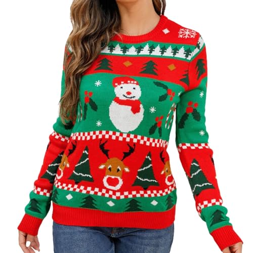 Weihnachtspullover Damen Lustig, Strick Lang Ugly XXL Oversize Rot Pullover 3XL Weihnachtsmann Weihnachtspulli Weihnachtsoutfit Baumwolle Rundhals Drucken Rentier Strickpullover Christmas Sweater von Pianshanzi