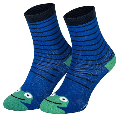 2 Paar Kinder Stoppersocken ABS Socken Anti Rutschsocken Noppen Baumwolle Jungen Mädchen Blau Frosch 23 24 25 26 von Piarini