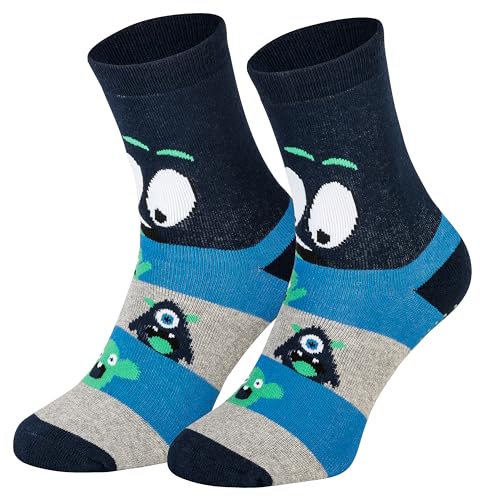 2 Paar Kinder Stoppersocken ABS Socken Anti Rutschsocken Noppen Baumwolle Jungen Mädchen Blau Monster 27 28 29 30 von Piarini