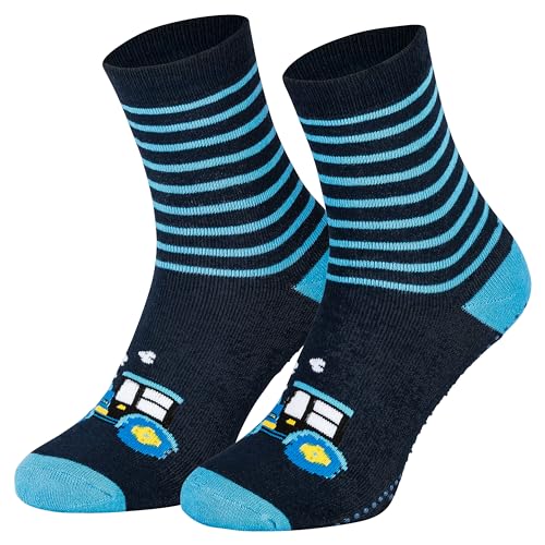 2 Paar Kinder Stoppersocken ABS Socken Anti Rutschsocken Noppen Baumwolle Jungen Mädchen Blau Traktor 31 32 33 34 von Piarini