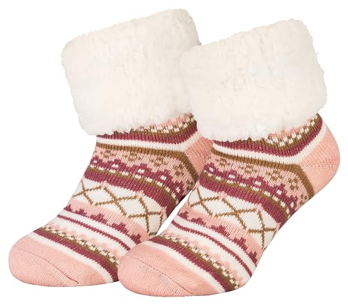 Piarini 1 Paar Kuschelsocken ABS Sohle warme Damen Socken Hüttensocken Wintersocken Anti Rutsch Noppen Blumen Rosa (One-Size) von Piarini