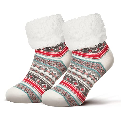 Piarini 1 Paar Kuschelsocken ABS Sohle warme Damen Socken Hüttensocken Wintersocken Anti Rutsch Noppen Ethno- Grau (One-Size) von Piarini