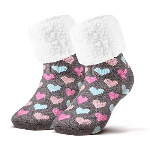 Piarini 1 Paar Kuschelsocken ABS Sohle warme Damen Socken Hüttensocken Wintersocken Anti Rutsch Noppen Herz Grau (One-Size) von Piarini