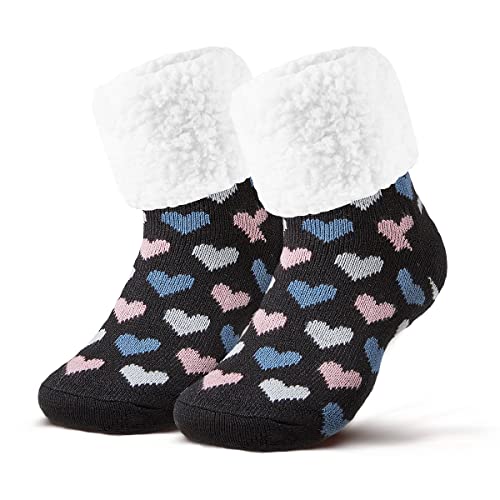 Piarini 1 Paar Kuschelsocken ABS Sohle warme Damen Socken Hüttensocken Wintersocken Anti Rutsch Noppen Herz Schwarz (One-Size) von Piarini