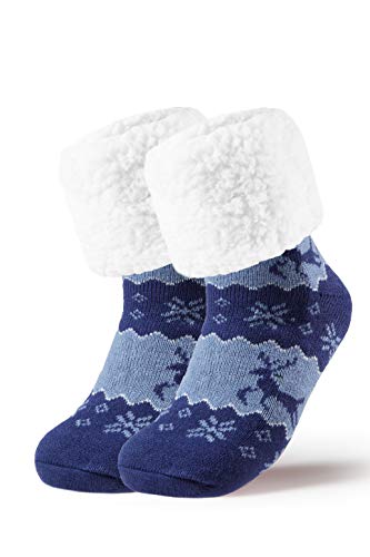 Piarini 1 Paar Kuschelsocken ABS Sohle warme Damen Socken Hüttensocken Wintersocken Anti Rutsch Noppen Rentier Blau (One-Size) von Piarini