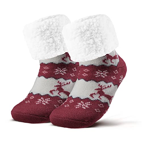 Piarini 1 Paar Kuschelsocken ABS Sohle warme Damen Socken Hüttensocken Wintersocken Anti Rutsch Noppen Rentier Rot (One-Size) von Piarini