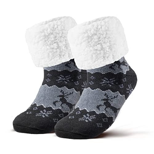 Piarini 1 Paar Kuschelsocken ABS Sohle warme Damen Socken Hüttensocken Wintersocken Anti Rutsch Noppen Rentier Schwarz (One-Size) von Piarini