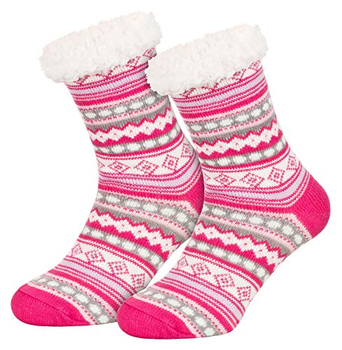 Piarini 1 Paar Kuschelsocken ABS Sohle warme Damen Socken Hüttensocken Wintersocken Anti Rutsch Noppen Ethno- Pink (One-Size) von Piarini