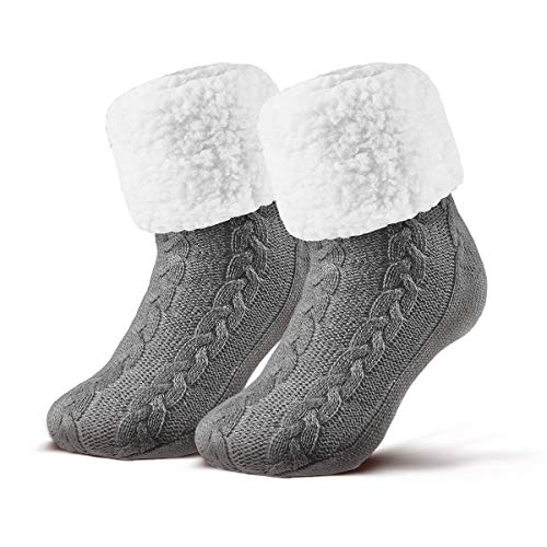 Piarini 1 Paar Kuschelsocken mit ABS Sohle - warme Damen Socken - Wintersocken mit Anti Rutsch Noppen - dicke Haussocken grau von Piarini