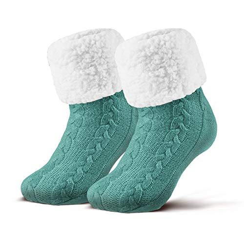 Piarini 1 Paar Kuschelsocken mit ABS Sohle - warme Damen Socken - Wintersocken mit Anti Rutsch Noppen - dicke Haussocken mint grün von Piarini