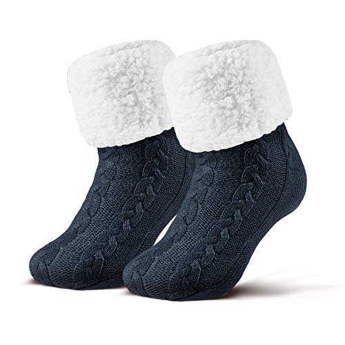 Piarini 1 Paar Kuschelsocken mit ABS Sohle - warme Damen Socken - Wintersocken mit Anti Rutsch Noppen - dicke Haussocken navy blau von Piarini