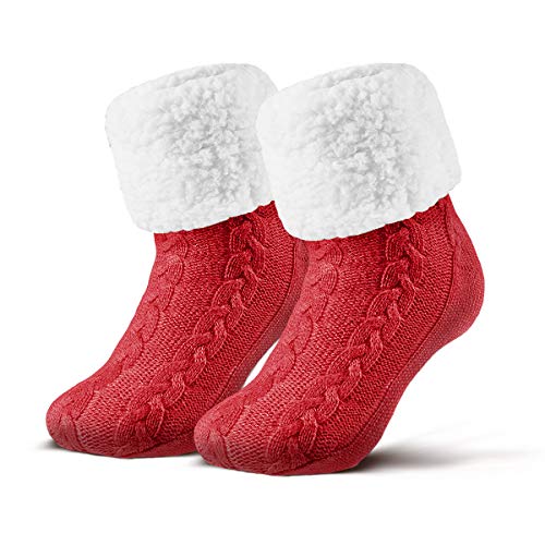 Piarini 1 Paar Kuschelsocken mit ABS Sohle - warme Damen Socken - Wintersocken mit Anti Rutsch Noppen - dicke Haussocken rot von Piarini