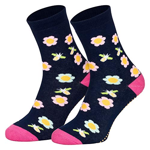 2 Paar Kinder Stoppersocken ABS Socken Anti Rutschsocken Noppen Baumwolle Jungen Mädchen Blau Blumen 27 28 29 30 von Piarini